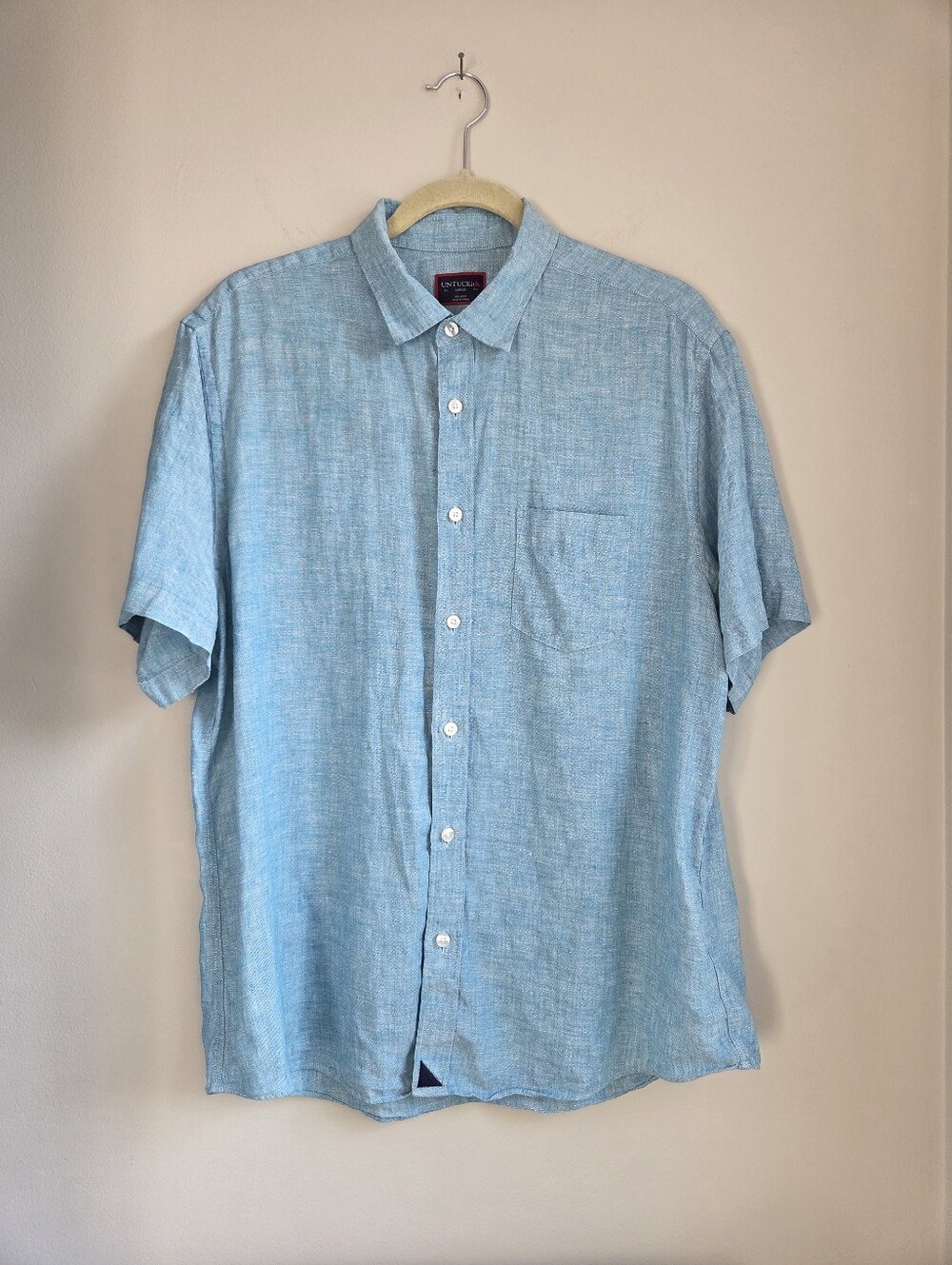Untuckit Linen Warm Light Blue Short Sleeve Button-Up Dordogne Shirt L